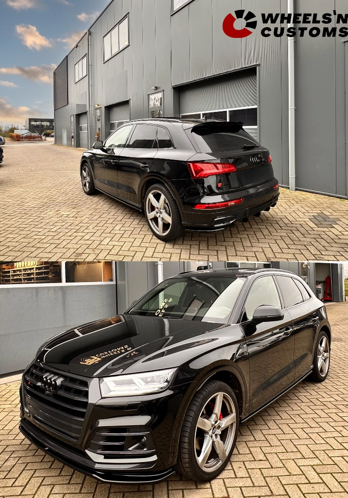 Wij hebben deze dikke Audi SQ5 voorzien van een complete Maxton Design kit,geleverd in Gloss Black Spoiler Cap Audi SQ5 Mk1 8R FRONT SPLITTER Audi SQ5/Q5 S-line MkII / Bumper Lip Side Skirts Gloss Bla