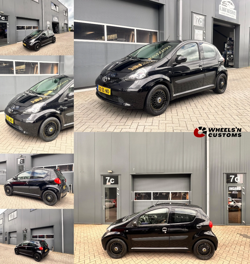 Toyota Aygo - 16 inch JF Luxury Full Black Gold Rivets - 4x100 7.5J ET30